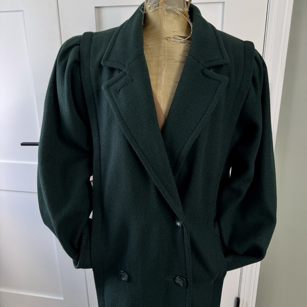 Vintage Wool Coat Women 8P Hunter Green Double Breasted Trench 90s Capsule Puff - Picture 4 of 15